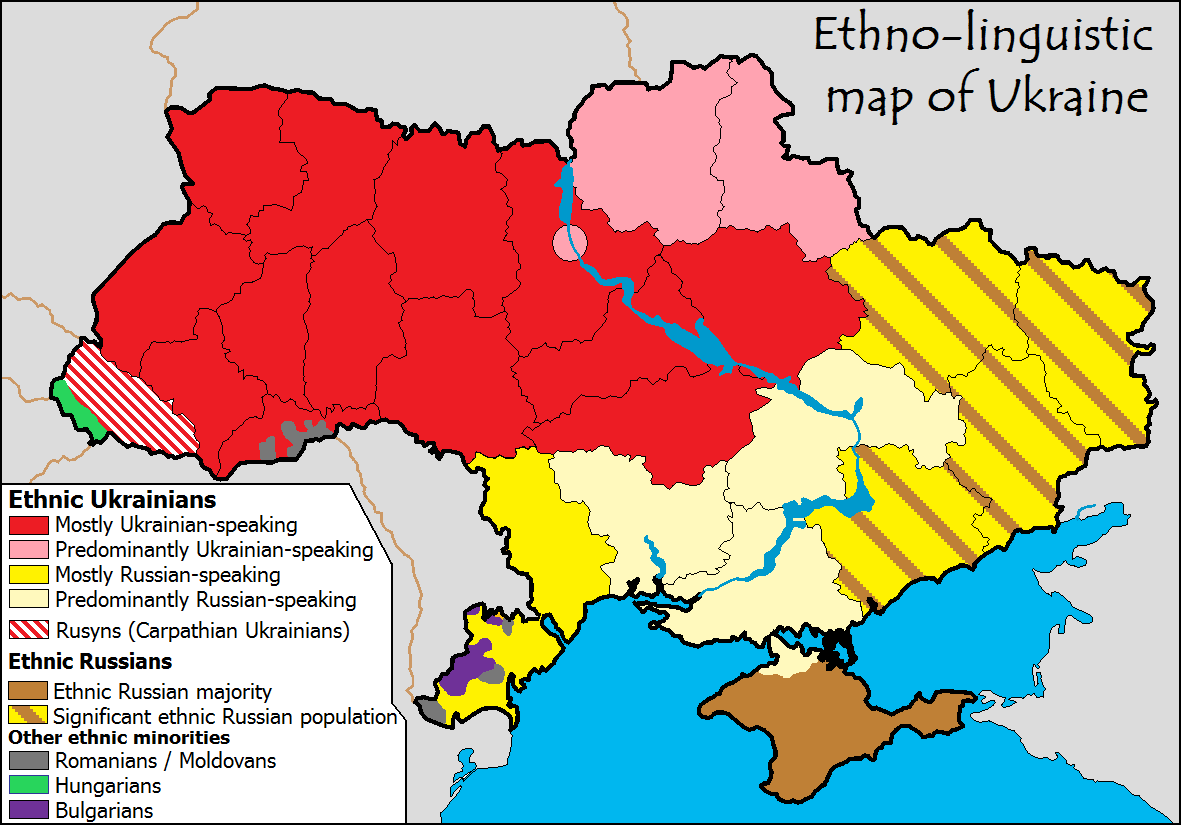 This is an ethno-linguistic map of Ukraine showing the distribution of ethnic Ukrainians, Russians, and other ethnic minorities. Different regions are color-coded based on predominant languages spoken.